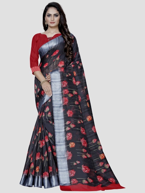 Saree Mall Black Floral Print Saree With Unstitched Blouse Price in India