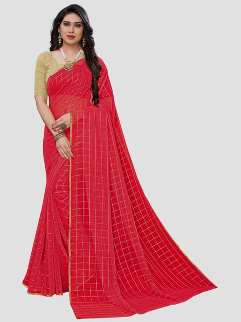 Saree Mall Red Chequered Saree With Unstitched Blouse Price in India