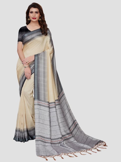 Saree Mall Beige Printed Saree With Unstitched Blouse Price in India