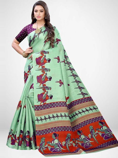 Saree Mall Green & Rust Printed Saree With Unstitched Blouse Price in India