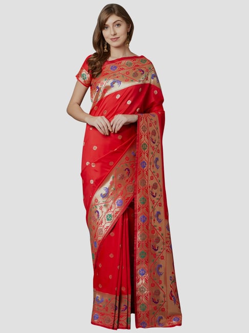 Saree Mall Red Woven Saree With Unstitched Blouse Price in India