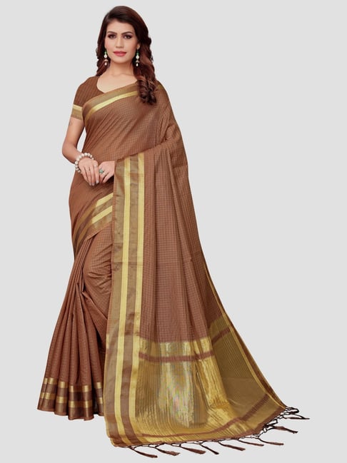 Saree Mall Brown Chequered Saree With Unstitched Blouse Price in India