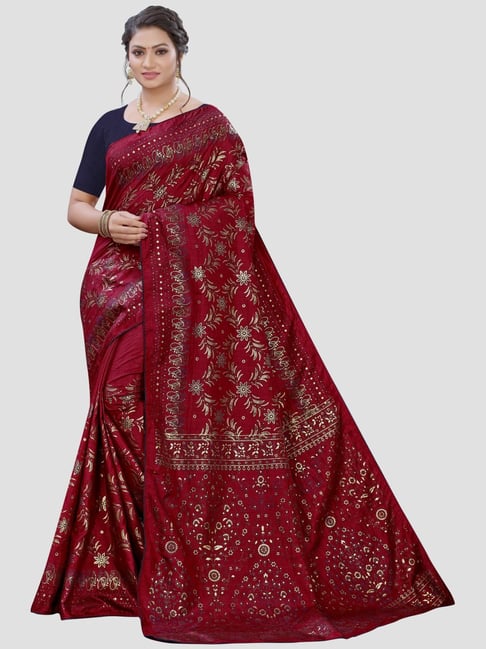 Saree Mall Maroon Printed Saree With Unstitched Blouse Price in India