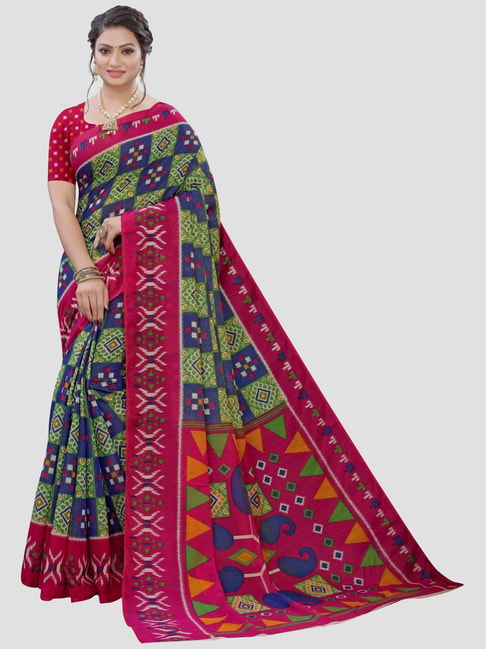 Saree Mall Navy & Green Printed Saree With Unstitched Blouse Price in India