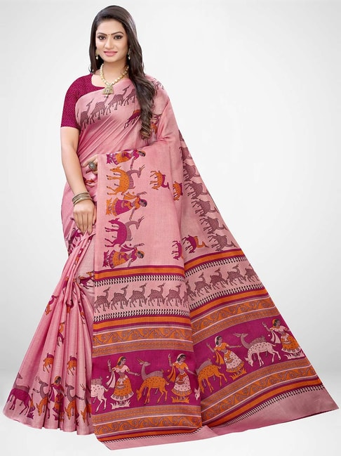 Saree Mall Blush Pink Printed Saree With Unstitched Blouse Price in India