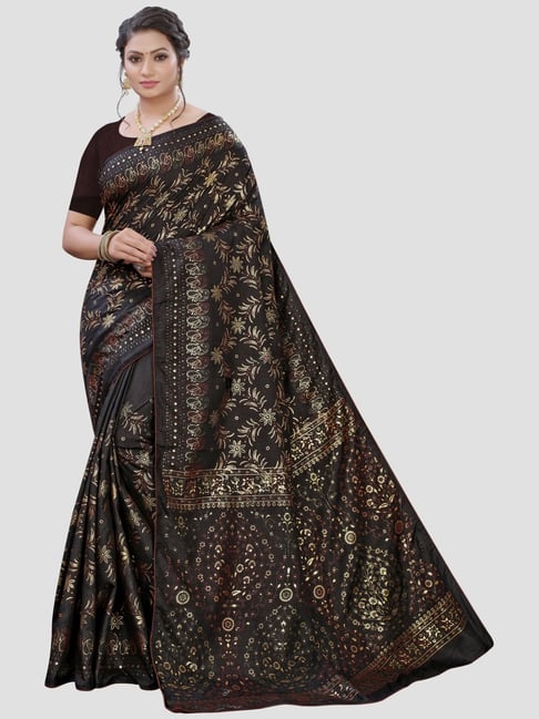 Saree Mall Black Printed Saree With Unstitched Blouse Price in India