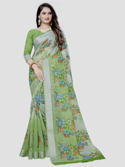 Saree Mall Green Floral Print Saree With Unstitched Blouse Price in India