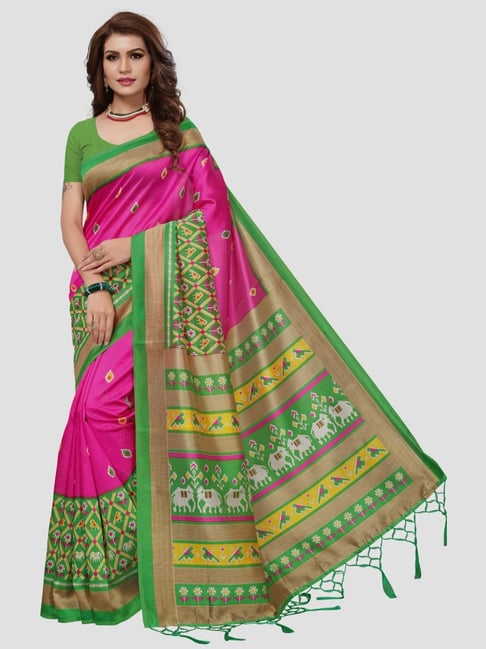 Saree Mall Pink Printed Saree With Unstitched Blouse Price in India