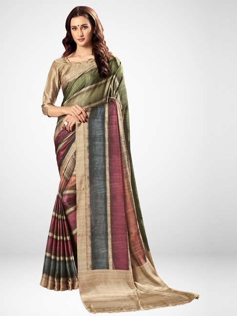 Saree Mall Maroon & Green Striped Saree With Unstitched Blouse Price in India