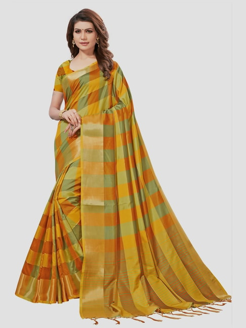 Saree Mall Green & Mustard Chequered Saree With Unstitched Blouse Price in India