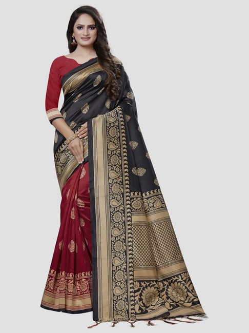 Saree Mall Red & Black Printed Saree With Unstitched Blouse Price in India