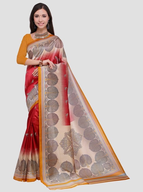 Saree Mall Red & Beige Printed Saree With Unstitched Blouse Price in India