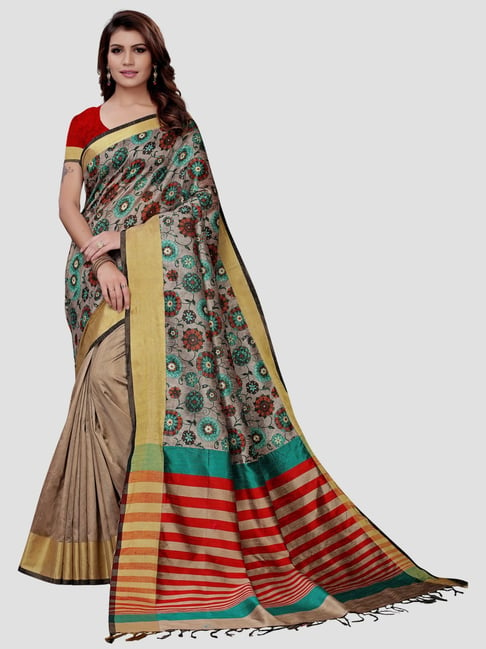 Saree Mall Beige Cotton Printed Saree With Unstitched Blouse