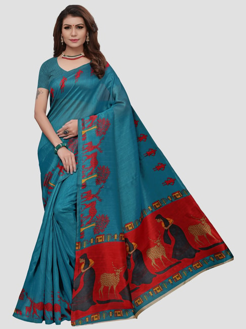 Saree Mall Blue Printed Saree With Unstitched Blouse Price in India