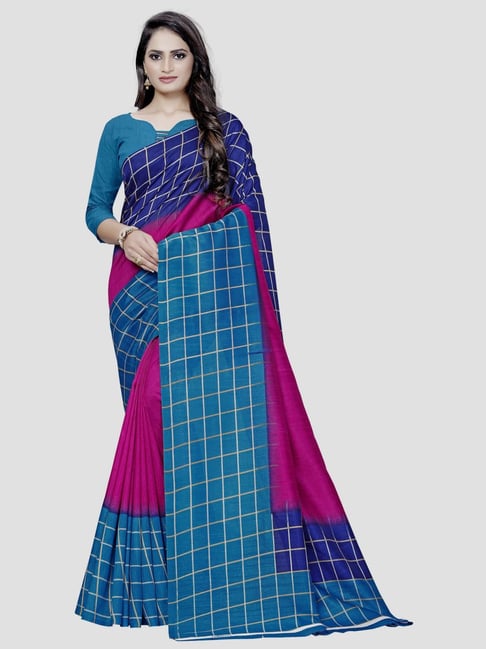 Saree Mall Pink & Blue Chequered Saree With Unstitched Blouse