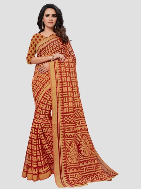 Saree Mall Red & Peach Printed Saree With Unstitched Blouse Price in India