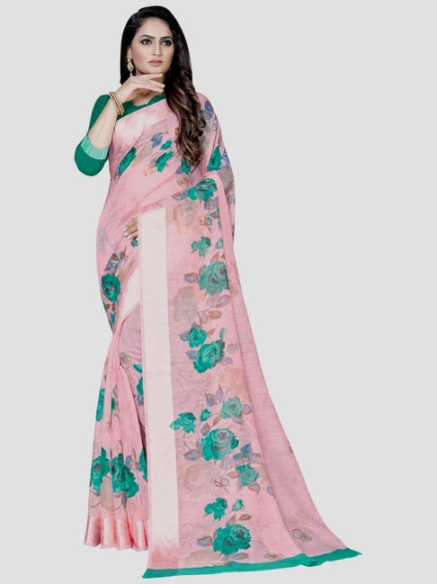 Saree Mall Pink Floral Print Saree With Unstitched Blouse Price in India