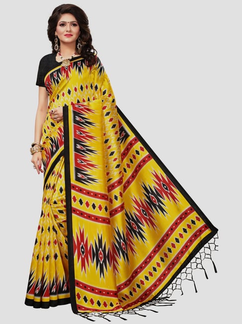 Saree Mall Yellow Printed Saree With Unstitched Blouse Price in India