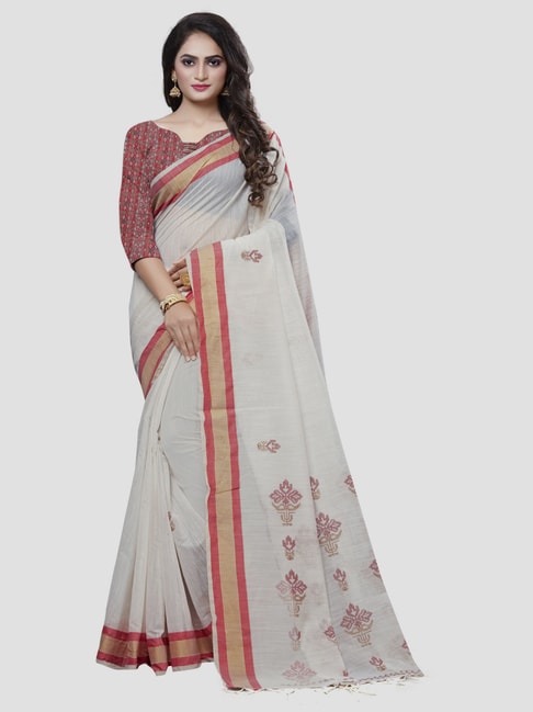 Saree Mall Light Grey & Red Embroidered Saree With Unstitched Blouse Price in India