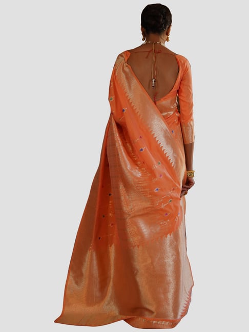 Buy Saree Mall Orange Zari Work Saree With Unstitched Blouse for Women