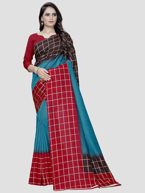 Saree Mall Blue & Red Chequered Saree With Unstitched Blouse Price in India