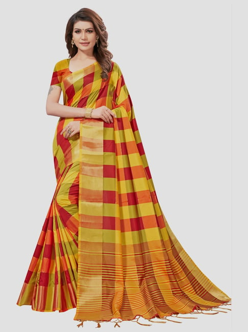 Saree Mall Yellow & Red Chequered Saree With Unstitched Blouse Price in India