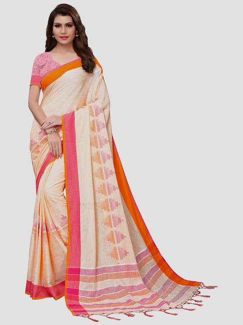 Saree Mall Peach Printed Saree With Unstitched Blouse