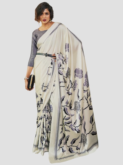Saree Mall Cream & Lavender Printed Saree With Unstitched Blouse Price in India