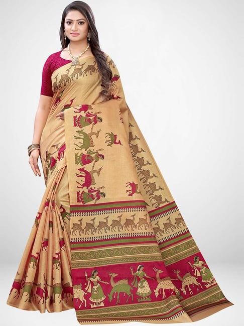 Saree Mall Golden Printed Saree With Unstitched Blouse Price in India