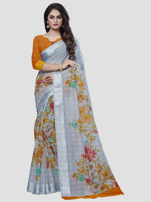 Saree Mall Light Grey Floral Print Saree With Unstitched Blouse Price in India
