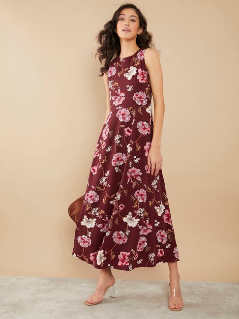Zink London Maroon Floral Print Dress Price in India