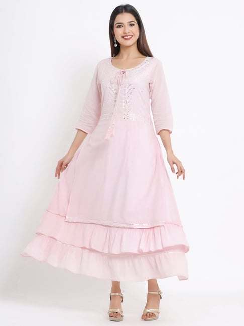 Juniper Pink Embellished Double Layered Kurta With Mask Price in India