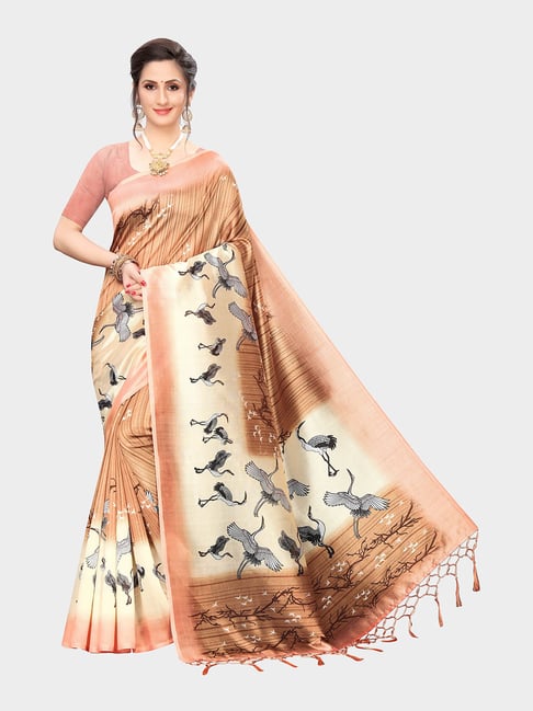KSUT Beige Printed Saree With Blouse Price in India