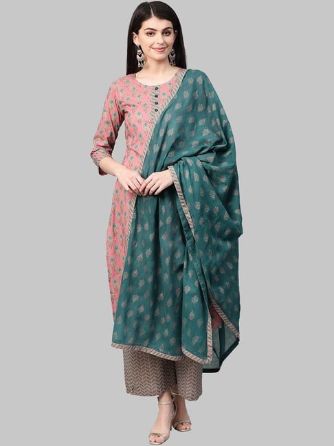 Yufta Pink Printed Kurta With Palazzo & Dupatta