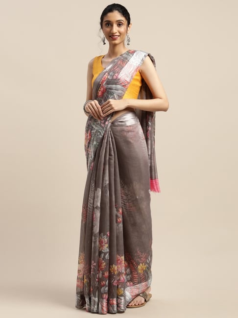 Vaamsi Grey Printed Saree With Unstitched Blouse