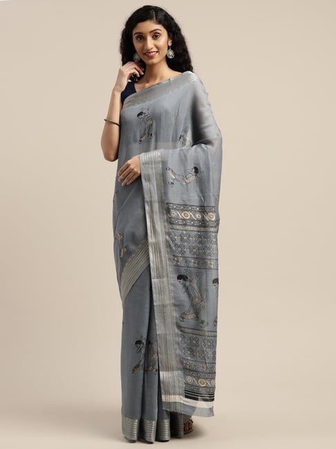 Vaamsi Grey Printed Saree With Unstitched Blouse