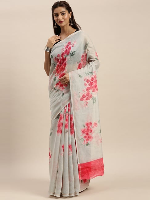 Vaamsi Grey Floral Print Saree With Unstitched Blouse