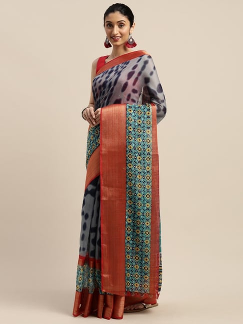 Vaamsi Grey Printed Saree With Unstitched Blouse