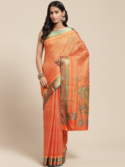 Vaamsi Orange Printed Saree With Unstitched Blouse