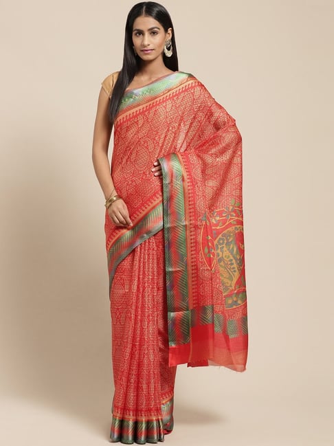 Vaamsi Red Printed Saree With Unstitched Blouse