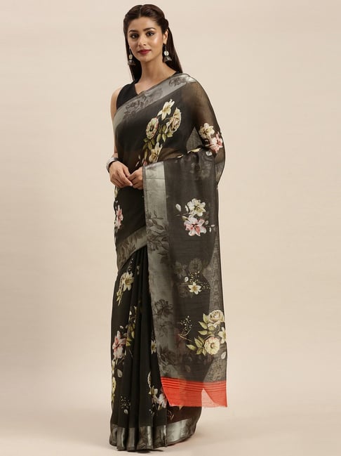 Vaamsi Dark Grey Floral Print Saree With Unstitched Blouse