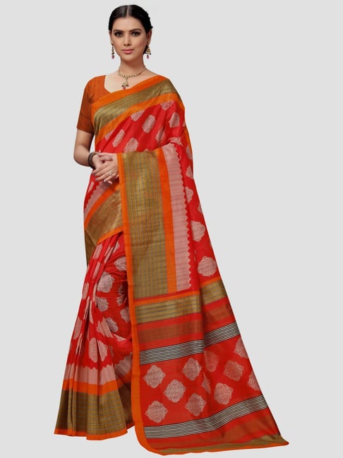 Vaamsi Red Printed Saree With Unstitched Blouse