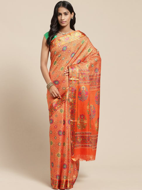 Vaamsi Orange Printed Saree With Unstitched Blouse