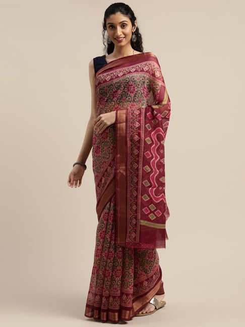 Vaamsi Pink & Green Printed Saree With Unstitched Blouse