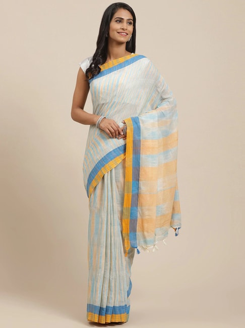 Vaamsi Blue & Yellow Cotton Printed Saree With Unstitched Blouse Price in India