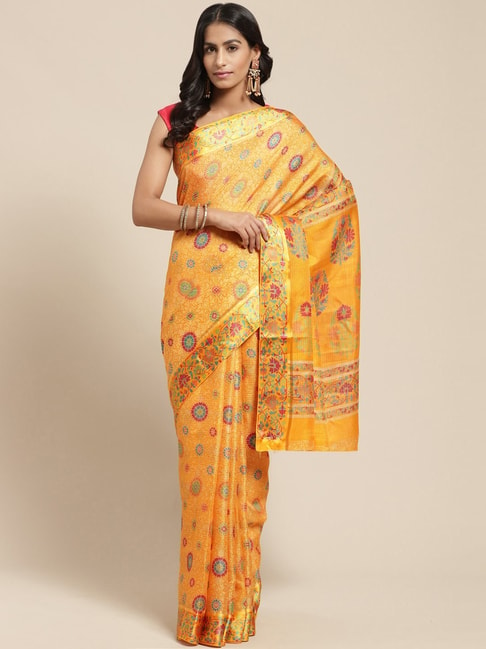 Vaamsi Yellow Printed Saree With Unstitched Blouse Price in India