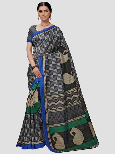 Vaamsi Grey Printed Saree With Unstitched Blouse