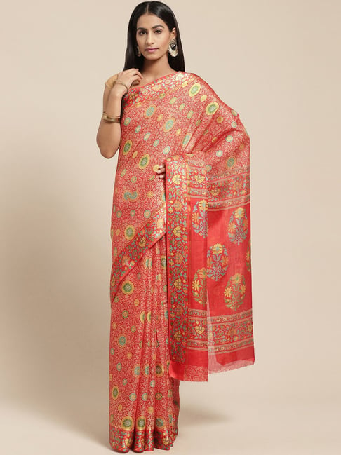 Vaamsi Red Printed Saree With Unstitched Blouse