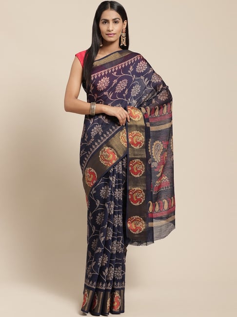 Vaamsi Navy Printed Saree With Unstitched Blouse