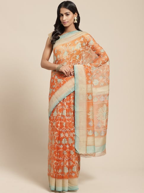 Vaamsi Orange Printed Saree With Unstitched Blouse